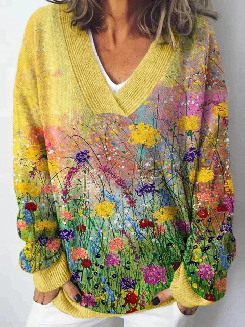 Autumn and winter imitation sweater printing foreign trade new women's pullover V-neck casual fashion long-sleeved top m302113