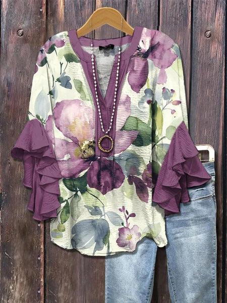 Creative floral element printing digital printing casual trend V-neck lotus edge horn T-shirt m302747
