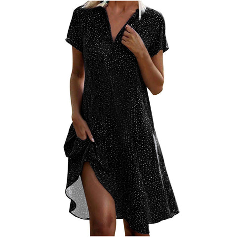 Langes Kleid, lässig, locker, V-Ausschnitt, bedruckt, gepunktet, Hemdkleid, m300919 
