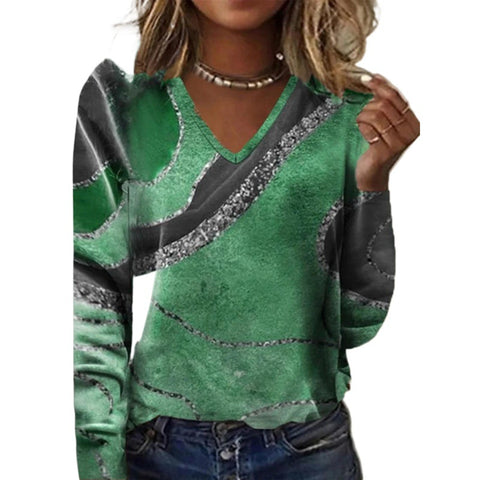 Herbst- und Wintermode mit V-Ausschnitt und bedrucktem Langarm-T-Shirt m300553 