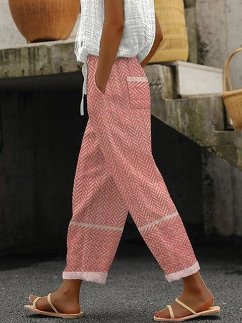Regular drawstring pocket slacks multi-color digital print women's trousers m301434