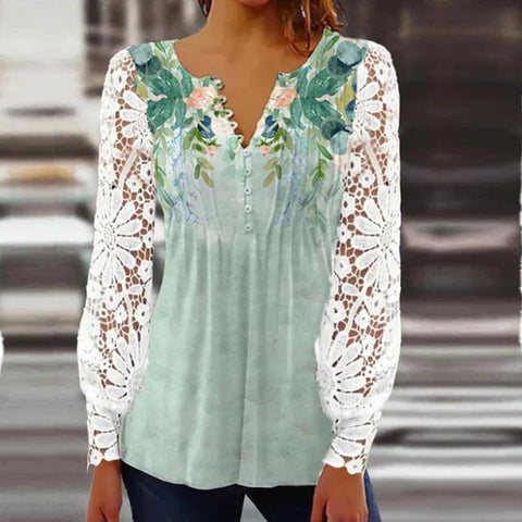 Lace Sleeve Pleated Solid Color Button T-Shirt Bottom Shirt m301333