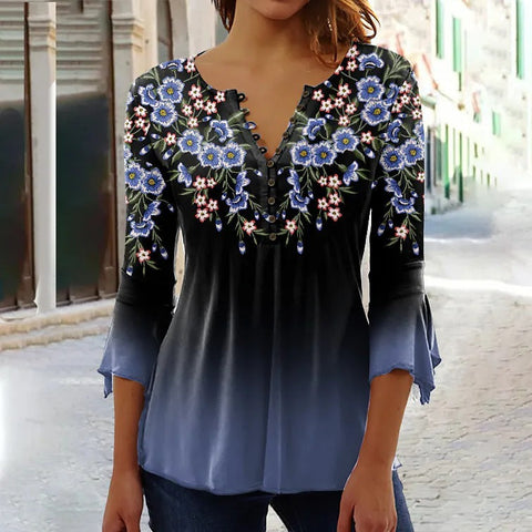 Modisches Ruili T-Shirt mit Blumendruck und V-Ausschnitt und Dreiviertelärmeln m300035