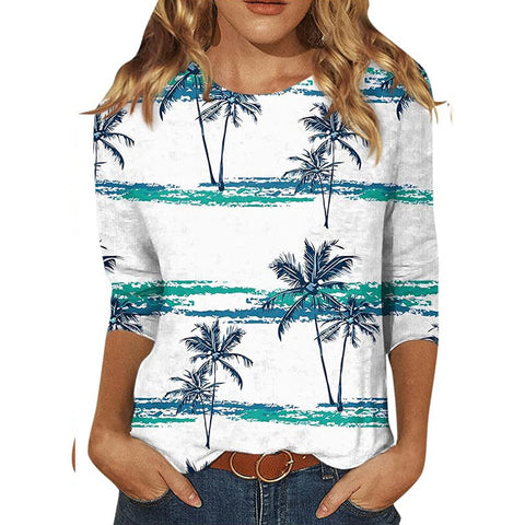 Pull ras du cou à manches sept-quarts et imprimé 3D de fleurs et de plantes m300615 