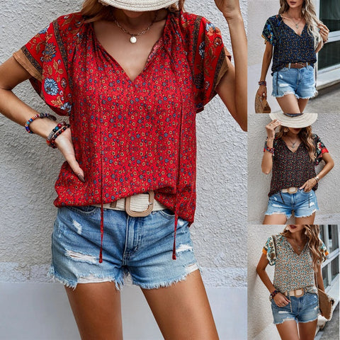 Chemise ample à manches courtes et col en V, style décontracté et célèbre, m300885 