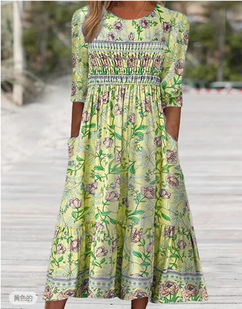Robe longue décontractée à col ras du cou et manches courtes pour femme, imprimé 3D, taille plissée, style trapèze, m301299 