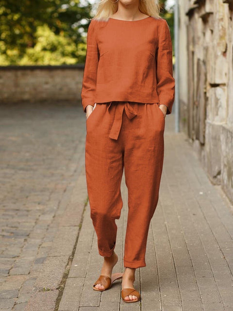 Linen suit women's fashion solid color casual two-piece set m300052