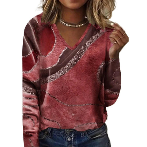 Herbst- und Wintermode mit V-Ausschnitt und bedrucktem Langarm-T-Shirt m300553 
