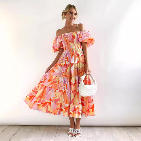 Robe longue imprimée à manches bouffantes et épaules dénudées pour femme M300282 