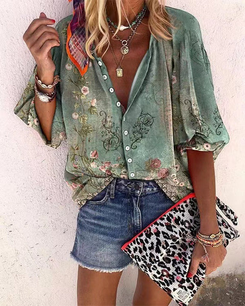 women's clothing stand-up collar loose button retro printed casual shirt m301723