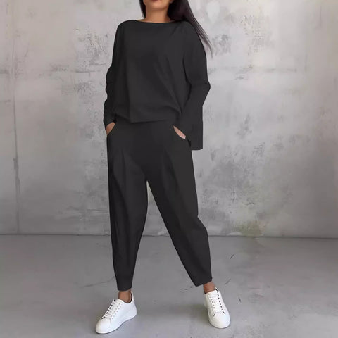 Women's solid color round neck long-sleeved suit women's pocket pants trousers m301510