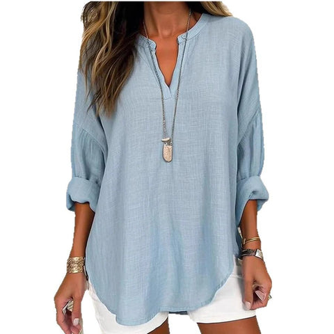 Kleine V-ausschnitt button-down schulter langarm frauen T gebogene saum kleidung m301361 