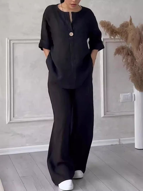 Women's comfortable loose top wide-leg pants casual cotton and linen suit m302154