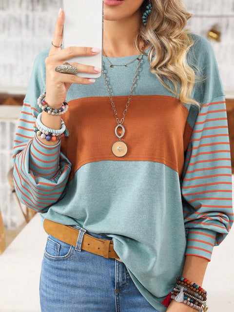 Pullover Rundhals lässig gestreift kontrastfarben Langarm T-Shirt Damen m300875 