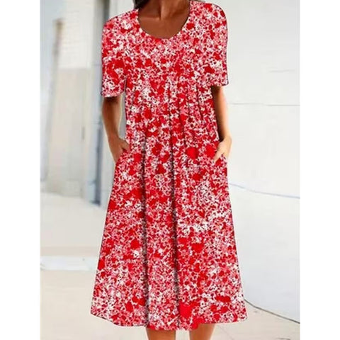 Frühling/Sommer Blumen bedrucktes Rundhals-Taschen-Mittellanges Kleid für Damenbekleidung m300037 