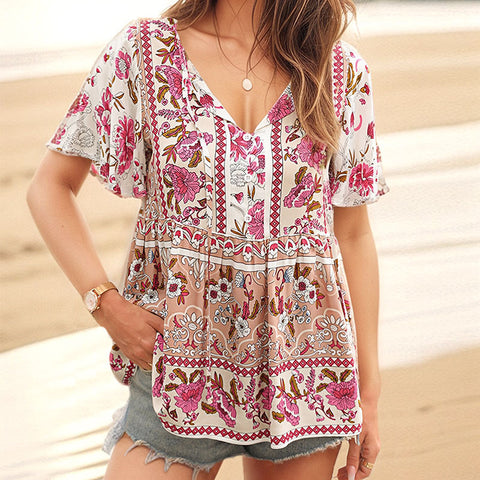 Summer personality versatile new European and American ethnic style flower geometric printing shirt women's m301744