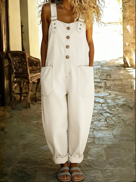Stylish retro old loose women's casual denim jumpsuit with adjustable buckle m302836