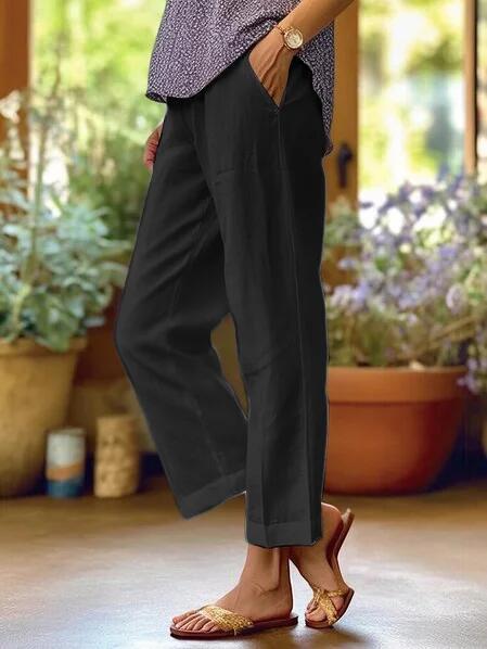 Cotton and linen loose solid color elastic waist pocket straight casual pants m301571