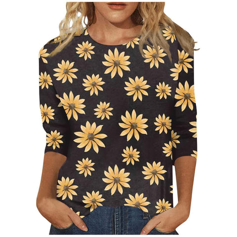 Pull ras du cou à manches sept-quarts et imprimé 3D de fleurs et de plantes m300615 