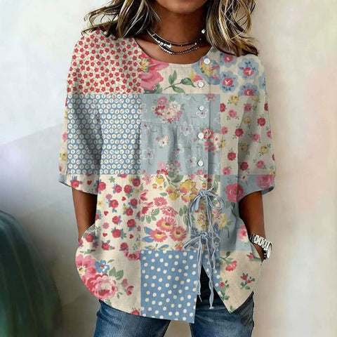 Color matching loose blouse five-button drawstring m302924