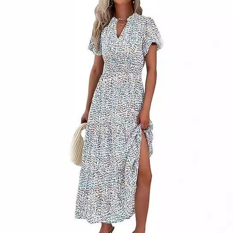 Robe plissée à col en V et manches courtes imprimée m300104 