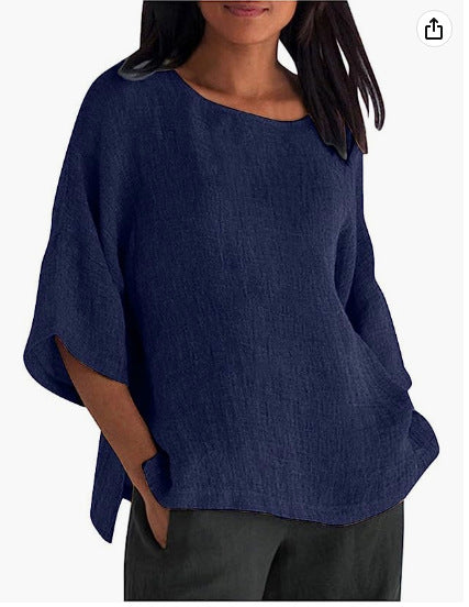 Haut chemise en coton et lin à manches fendues et col rond m300053 