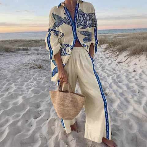 Linglong hemp fish shading casual suit loose sports wide-leg pants marine element casual shirt m303169