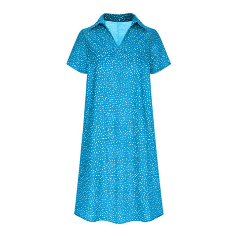 Langes Kleid, lässig, locker, V-Ausschnitt, bedruckt, gepunktet, Hemdkleid, m300919 