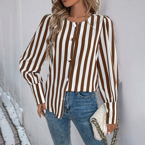V-Ausschnitt Einreiher Strickjacke gestreift kontrastierend Langarm Damen Shirt m300818 