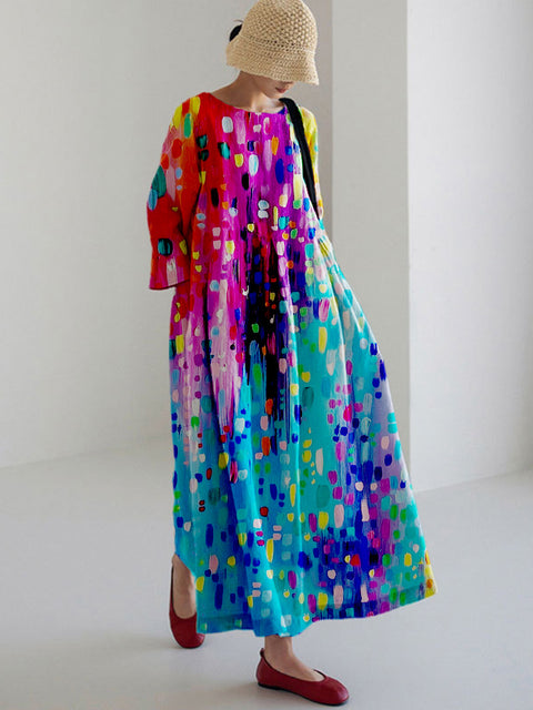 Robe ample à col ras du cou et manches longues imprimée haut de gamme m301044