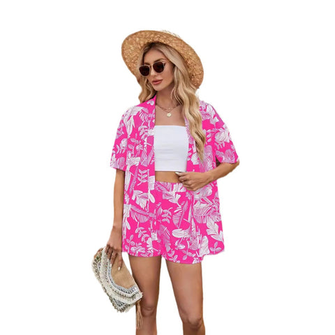 Neues Set mit kurzärmeligem Hemd, Oberteil und Shorts mit Blumenmuster, elastischer Taille, m301033 