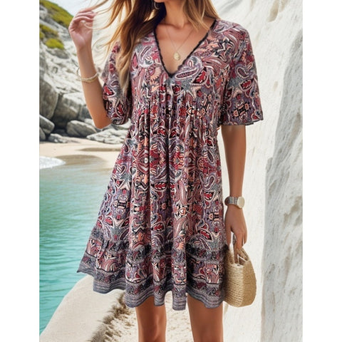 Lässiges bedrucktes Kleid mit V-Ausschnitt für Frühlings- und Sommerferien M300211 