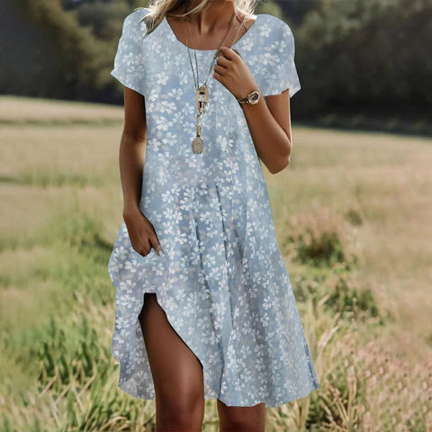 Summer literary and ethnic style large round neck medium and long dress m300741