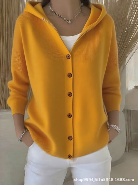 New black button hooded cardigan women's pure leisure fashion sweater jacket women's Christmas m302115