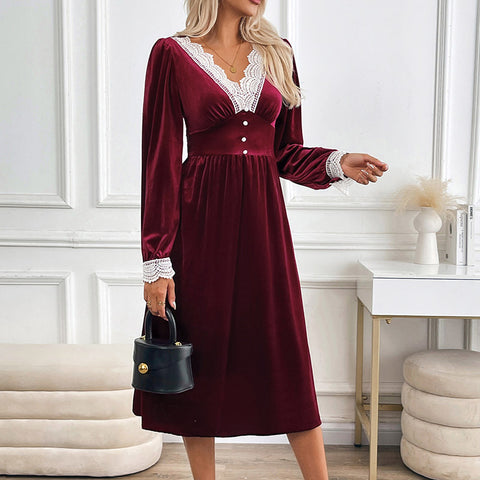 Herbst und Winter Samt langes Kleid Herbst und Winter Spitze Spleißen kontrastierendes Kleid Kleid m300773 