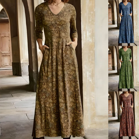 Robe en coton imprimé à manches longues et col en V avec poches m300706 