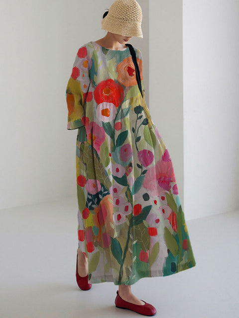Robe ample à col ras du cou et manches longues imprimée haut de gamme m301044