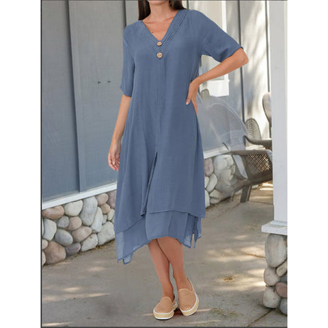 Gewebtes doppellagiges literarisches Kleid aus Baumwolle und Leinen mit geteiltem V-Ausschnitt m301247 