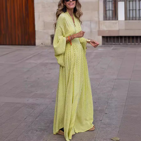 Autumn long-sleeved loose V-neck waist pendulum dress women's m301675