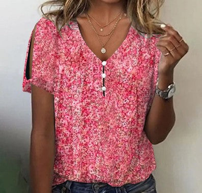 3D printed V-neck button-up T-shirt top daily short-sleeved m301263