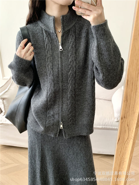 Loose knitted suit women's autumn and winter new zipper cardigan sweater + fishtail skirt m301789