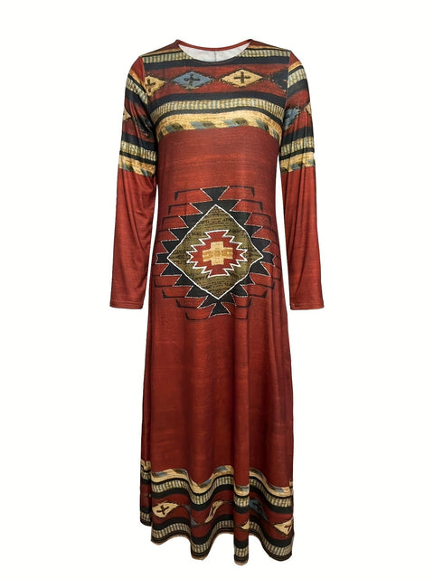Langes Kleid mit geometrischem Druck und Rundhalsausschnitt, Retro-Ethno-Stil, langes Kleid m300711 
