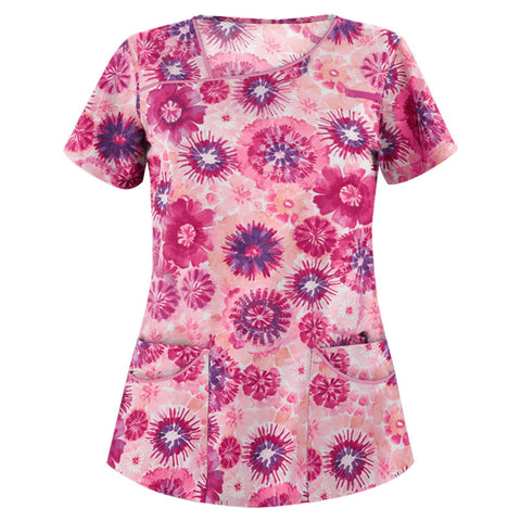 Printed V-neck short-sleeved pocket T-shirt women's top m301596