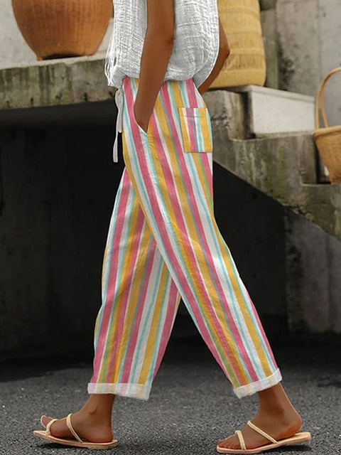 Regular drawstring pocket slacks multi-color digital print women's trousers m301434