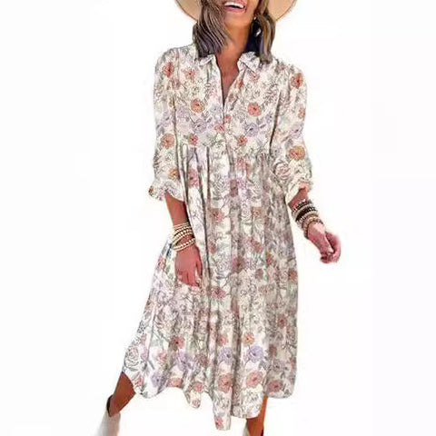 Lockeres, langärmliges, V-Ausschnitt-Kleid für Damen im Bohemian-Stil mit Blumenmuster und eleganter A-Form m300573 