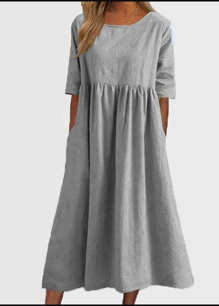 Neues lässiges Kurzarmkleid aus Baumwolle und Leinen mit Falten und Rundhalsausschnitt, m300890 