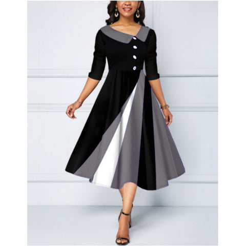 Langes Kleid mit 3D-gedrucktem Pendel und Fünfviertelärmeln und Knopfverzierung, m300864 