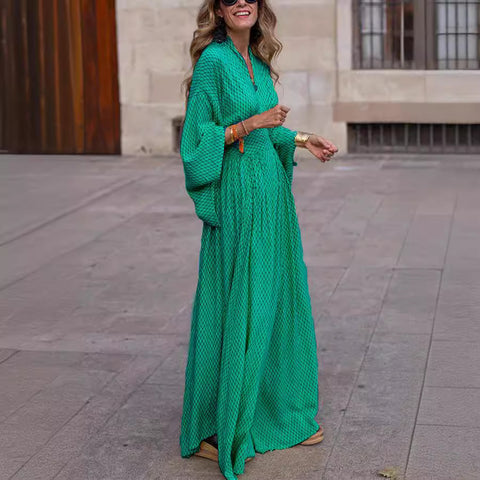 Autumn long-sleeved loose V-neck waist pendulum dress women's m301675