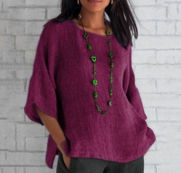 Haut chemise en coton et lin à manches fendues et col rond m300053 