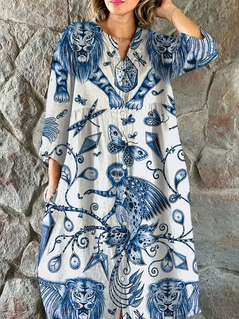 Lockeres Damen-Hemdkleid mit Rundhalsausschnitt, modisch, Premium, langärmlig, bedruckt, m301050